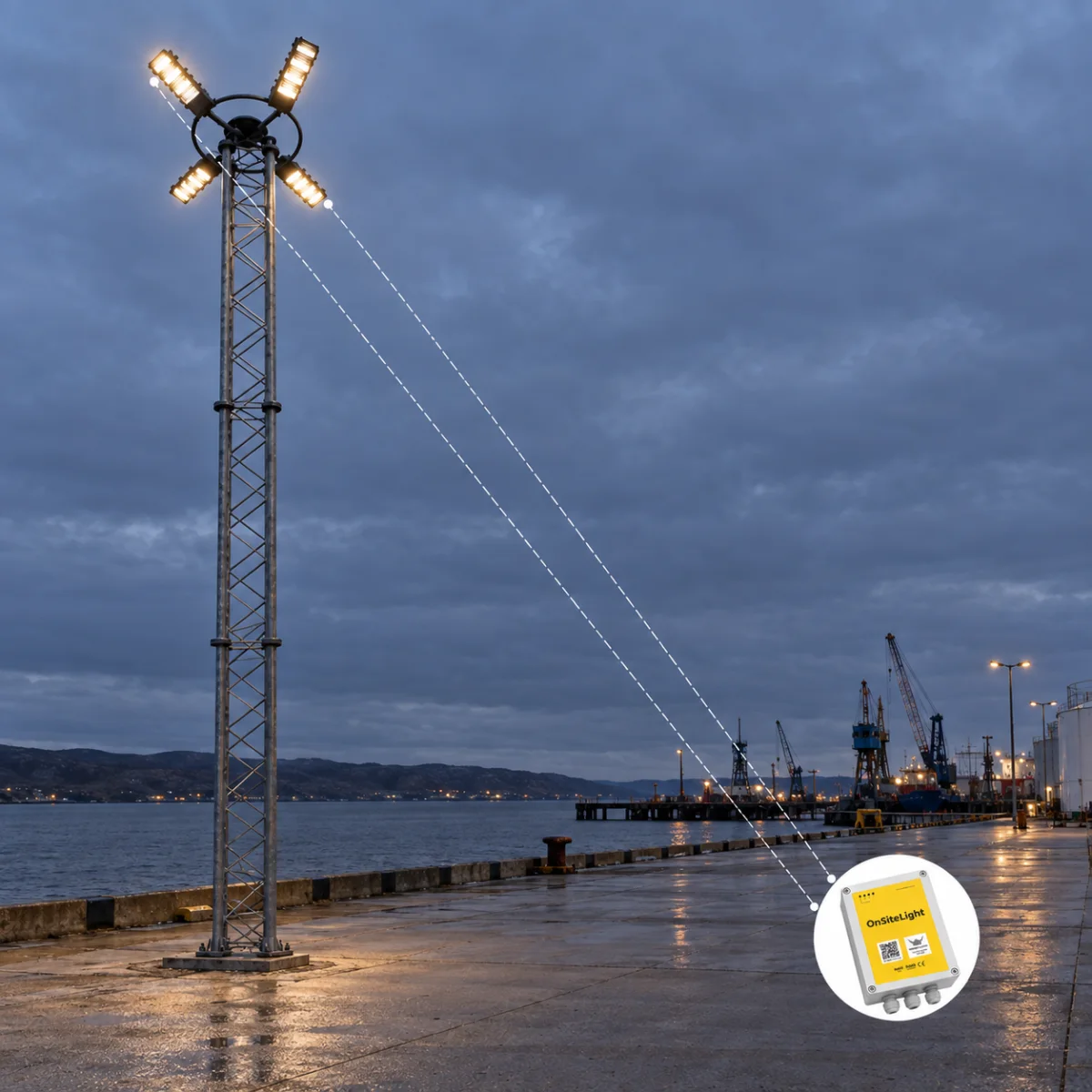 Høj galvaniseret gittermast med fire projektører over en våd kaj i en industrihavn i den blå time, forbundet med en stiplet linje til OnSiteLight-styringen.