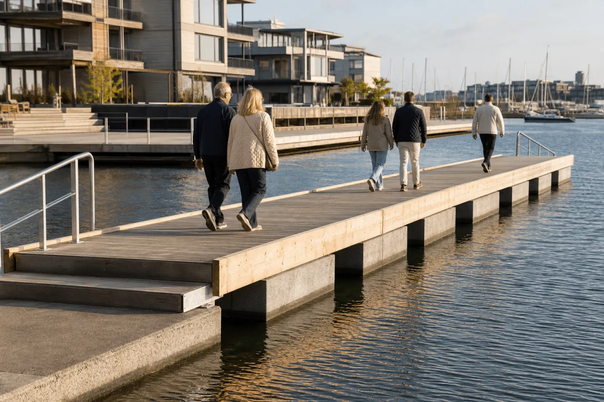 People walk across a harbor basin on a bridge made from Vikingegaarden wooden and concrete floating pontoons.