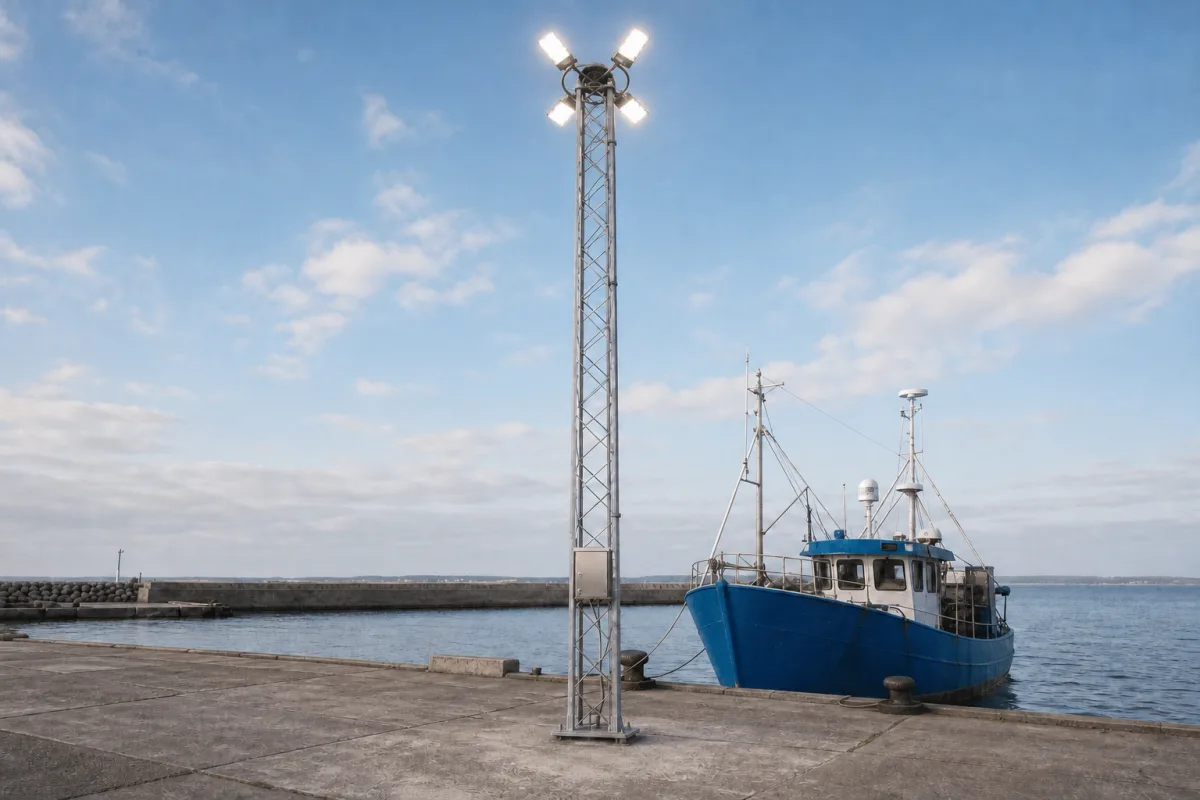 Galvanized four-light harbor mast with a small closed stainless-steel controller box and a blue fishing boat in bright Nordic daylight.