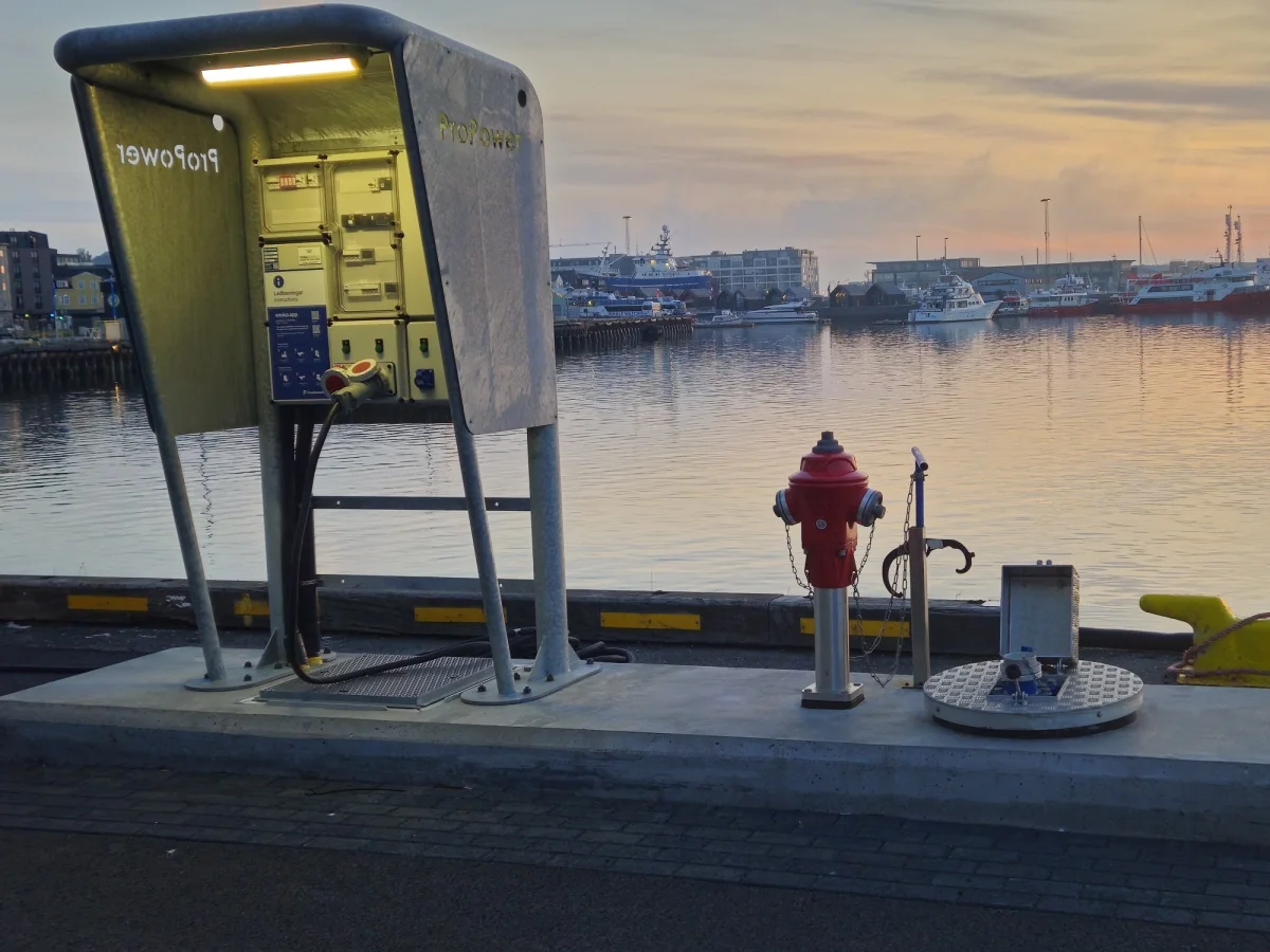 The whole berth at sunset: the supply pedestal on its plinth and, beside it, the hydrant, the standpipe and the flush service point that provide the water.