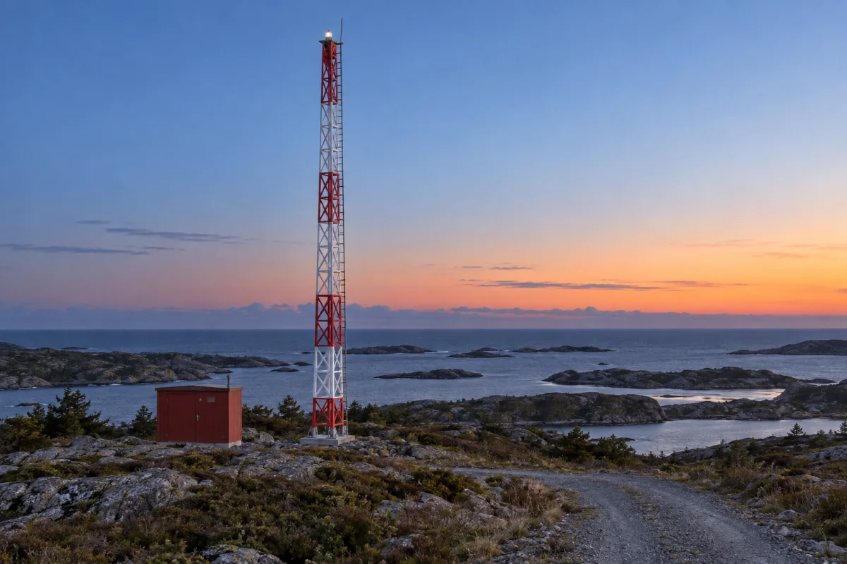 MarineGuard rises above a rocky coastal hilltop with its lantern lit at dusk.