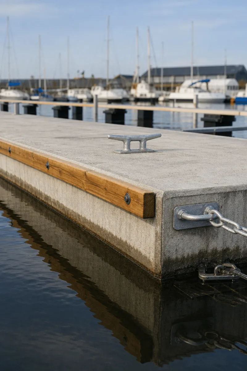 A close view of Vikingegaarden concrete pontoons shows the grey concrete, timber fender rail, steel cleat and end connection.