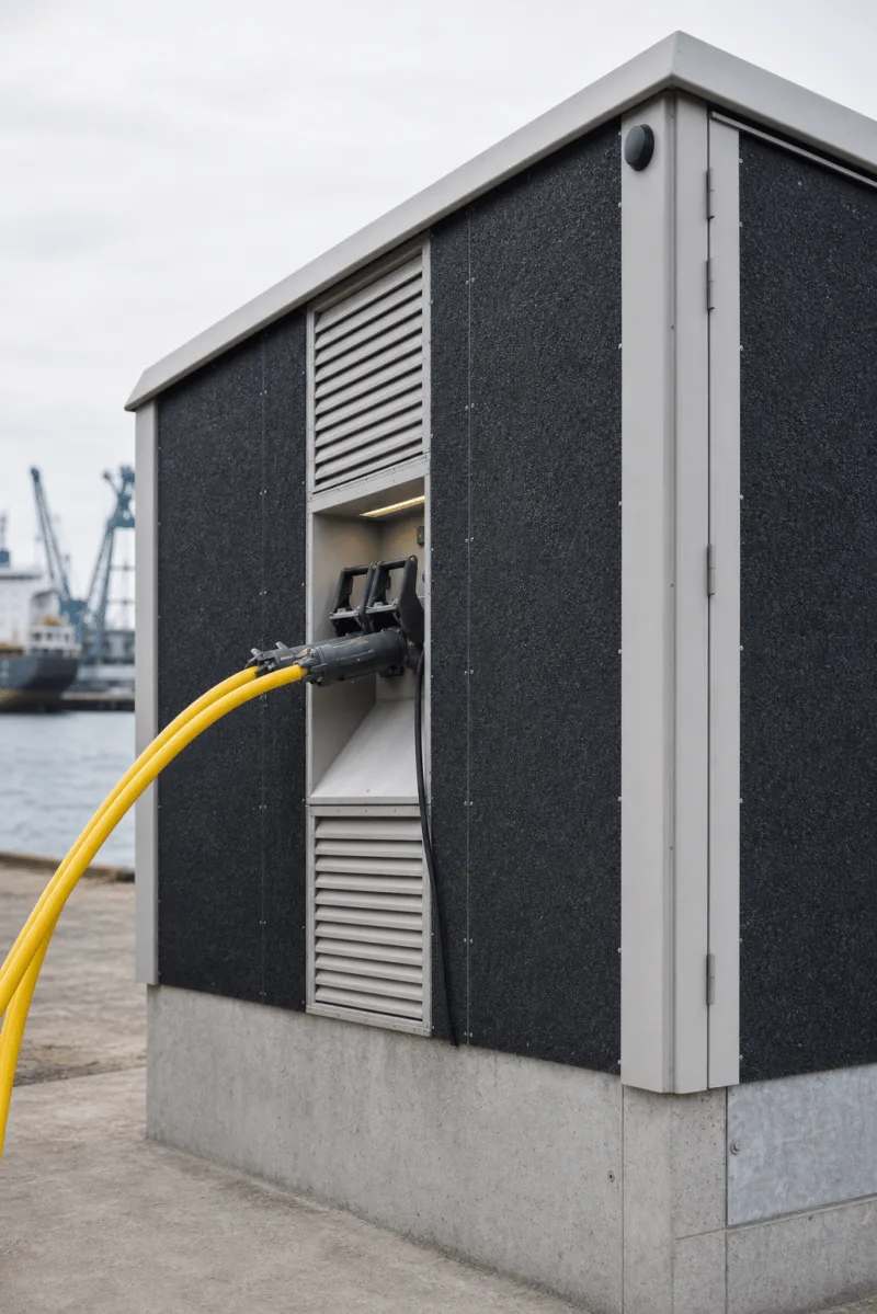 MarineMax shown from a close low angle with its textured panels, ventilation louvres, connectors and concrete plinth clearly visible.