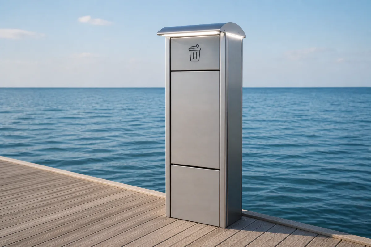 Closed Marinella NEO LightBin at the edge of a sunny wooden pontoon with calm water behind.