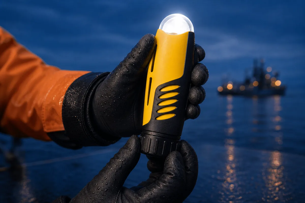 Gloved hands holding the AQ-4 MkII strobe near its ribbed base cap.