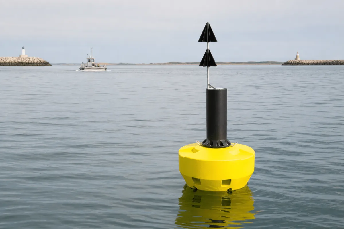 Physical Buoys yellow FLC navigation buoy marking a calm Danish harbor entrance.