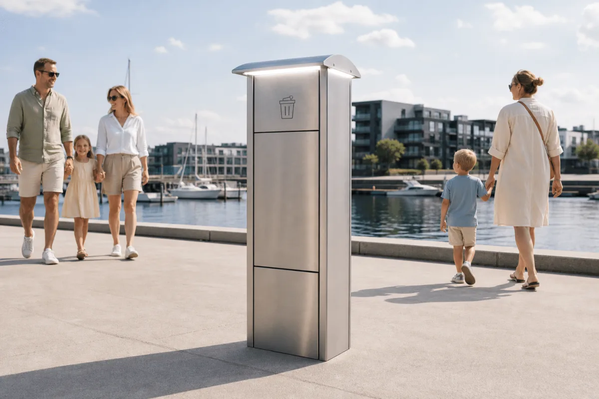 Marinella NEO LightBin serves a sunny concrete waterfront promenade while families walk past.