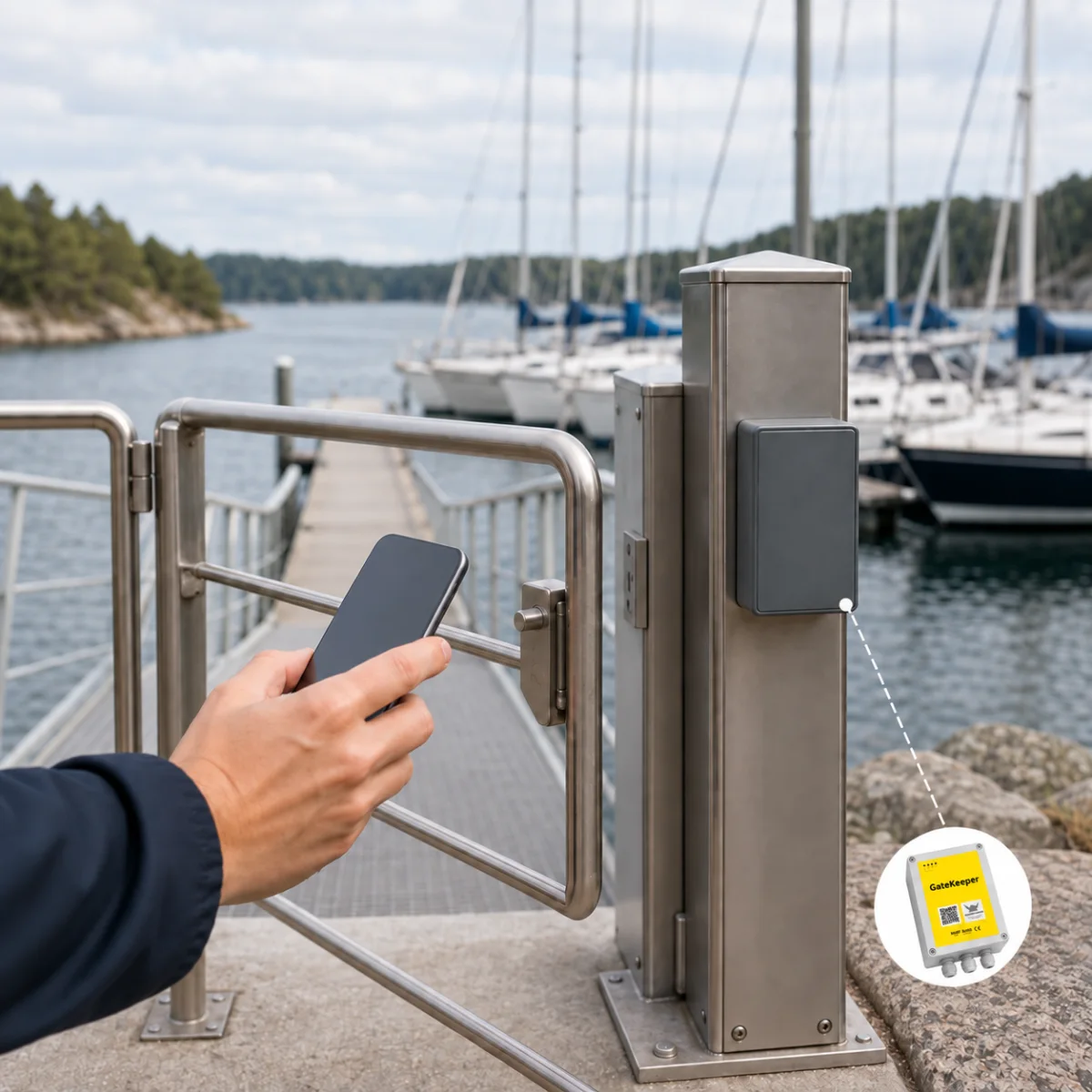 En hånd med en telefon ved en rustfri stållåge i en lystbådehavn, hvor læseren på lågestolpen er forbundet med en stiplet linje til den gule GateKeeper-styring.