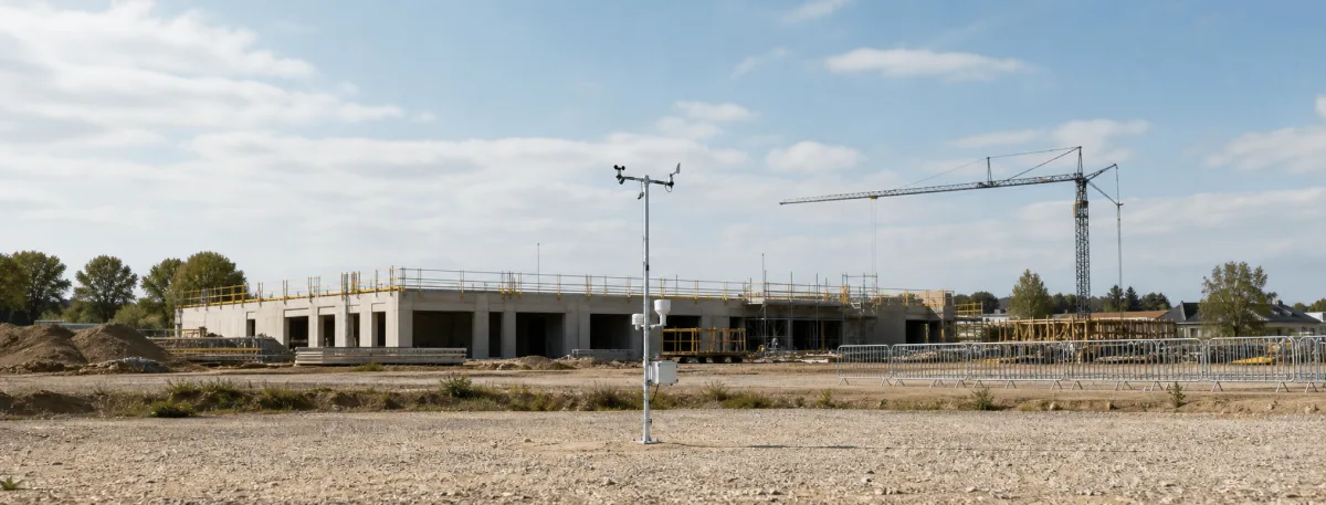 Cumulus weather station monitoring a wide Danish building site with scaffolding and a tower crane.