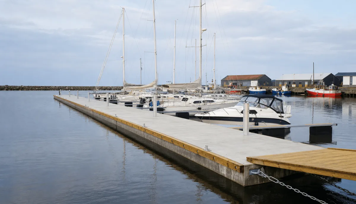 Vikingegaarden concrete pontoons form a long, level pier among moored boats in a calm Danish marina.