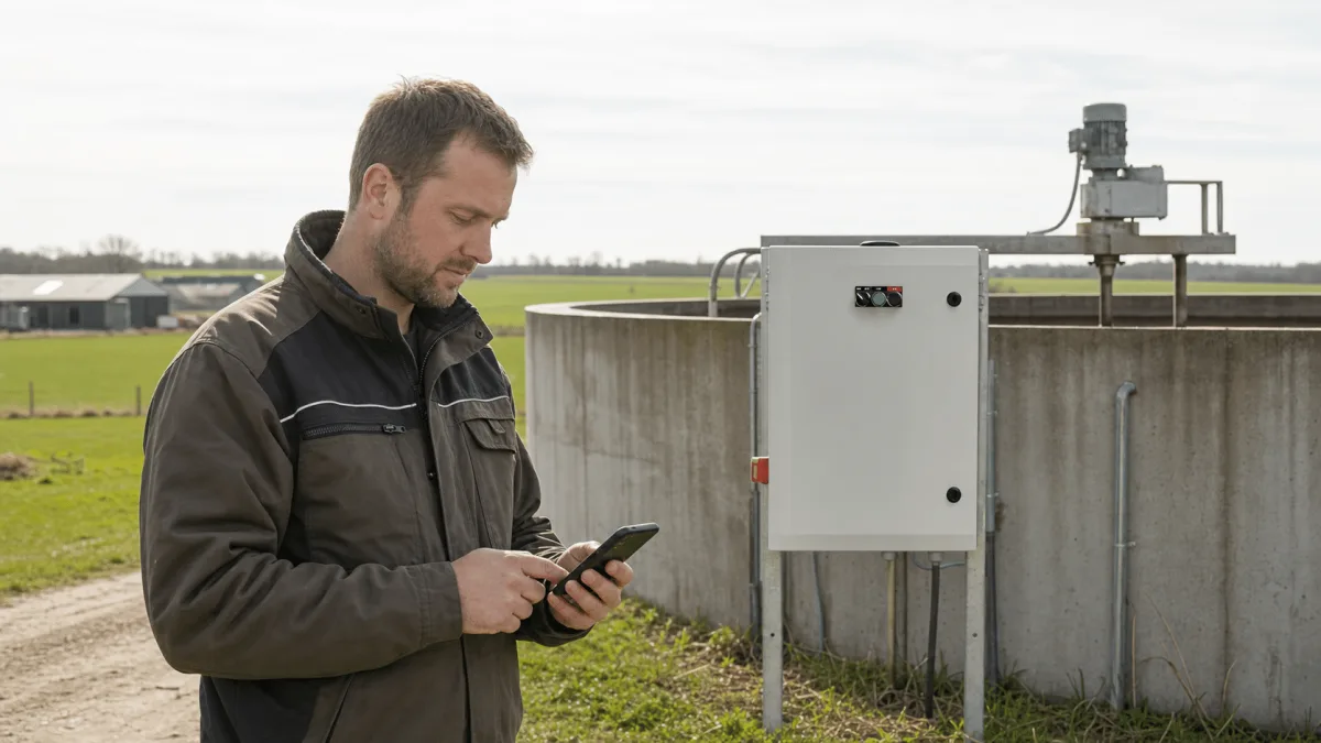 Farmer using a phone to send an SMS with the BioWatch cabinet and slurry tank behind him.