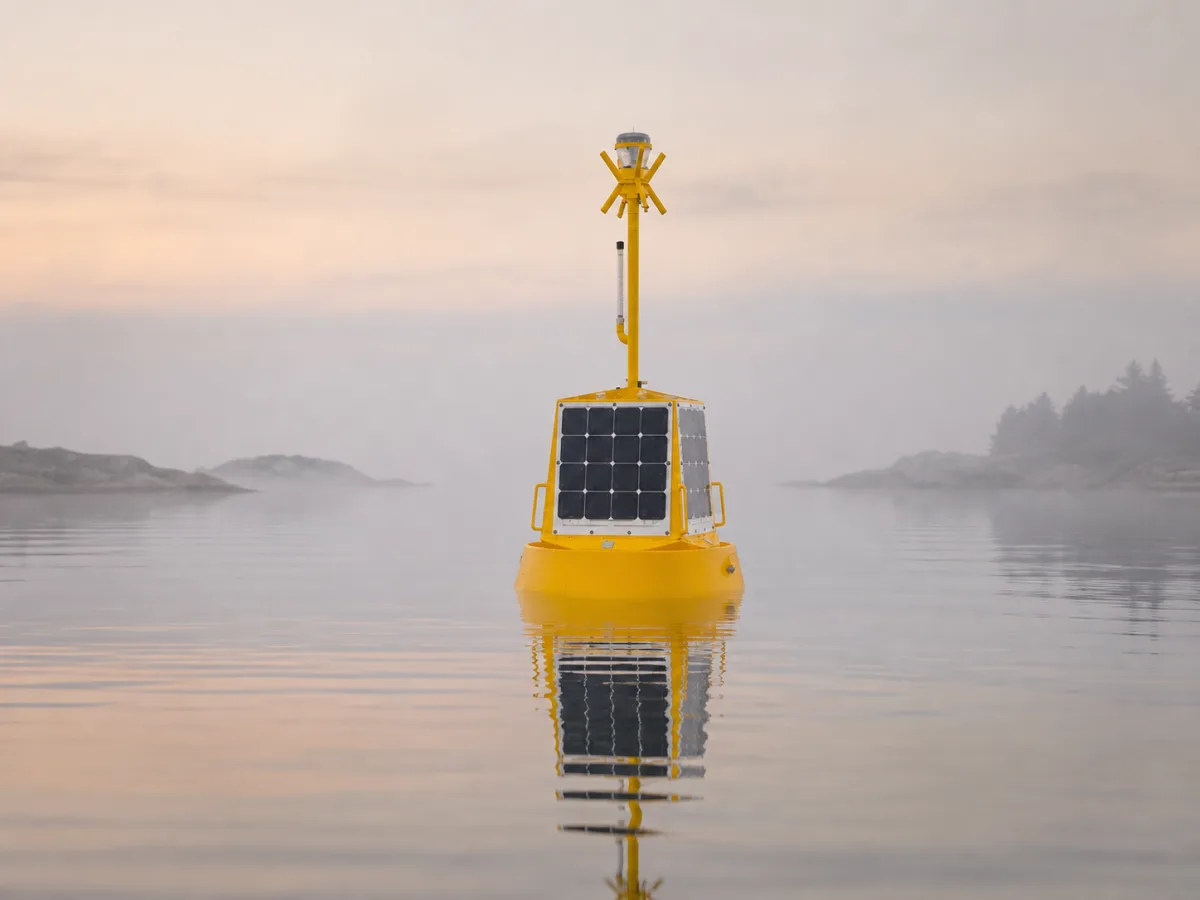 Målebøje på glasklart vand ved en tåget daggry, mast og solpaneler reflekteret på overfladen.