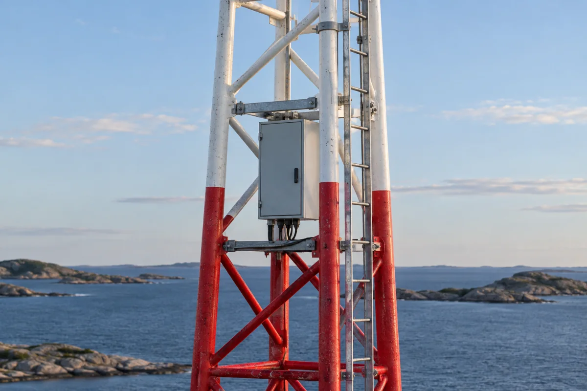 Mid-section of the MarineGuard mast with the grey PowerGuard cabinet mounted inside the red and white lattice.