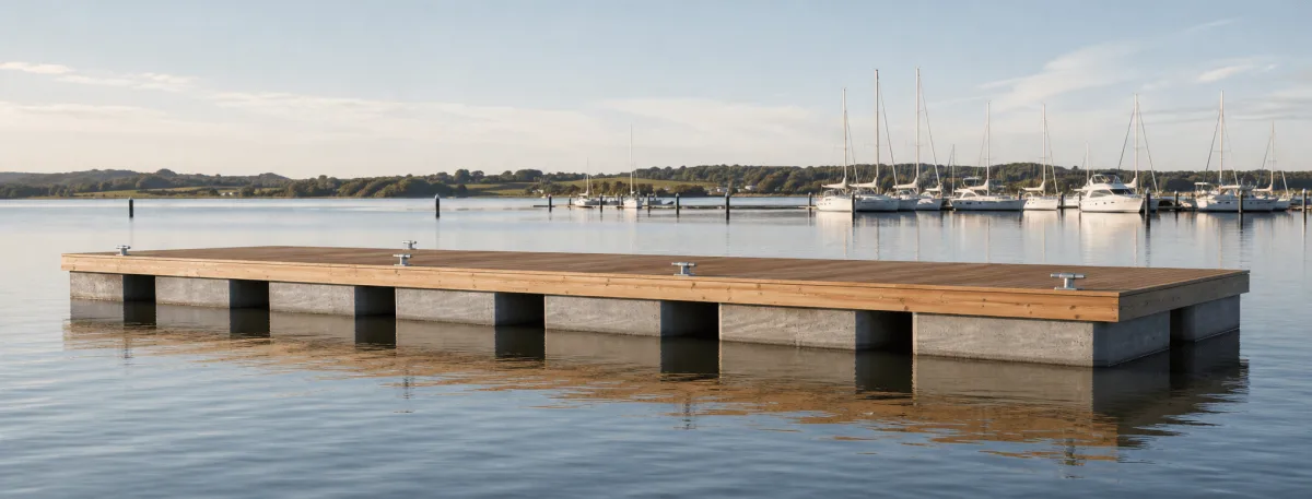 Vikingegaarden wooden and concrete floating pontoons extend across a quiet marina in a wide Nordic waterfront view.