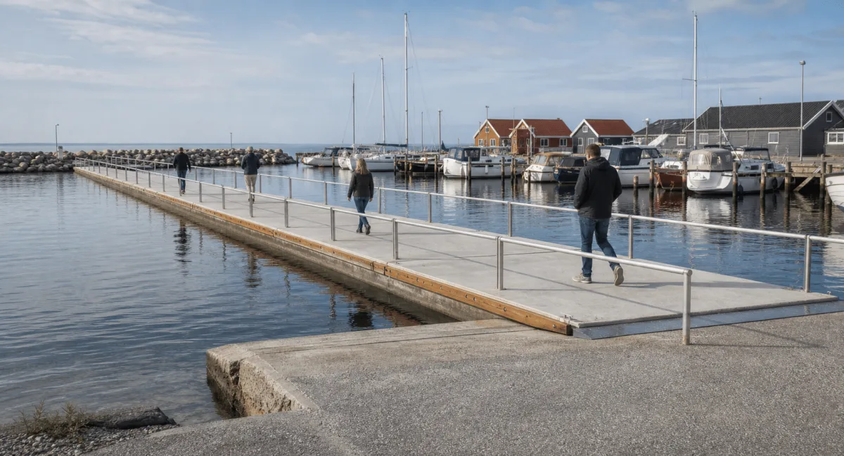 Vikingegaarden concrete pontoons create a floating pedestrian bridge across a Danish harbor basin.