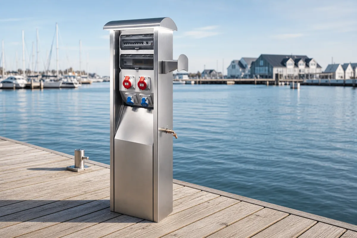 En enkelt Marinella NEO servicestand i rustfrit stål vises i trekvartvisning på en lys marinamole.