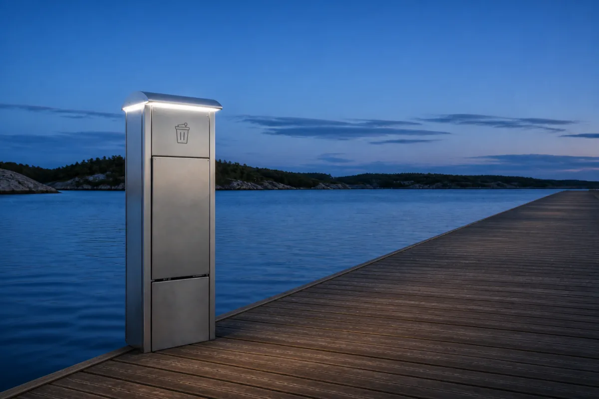 Marinella NEO LightBin lit at the edge of a wide pontoon at blue hour, front aligned toward the deck centerline.