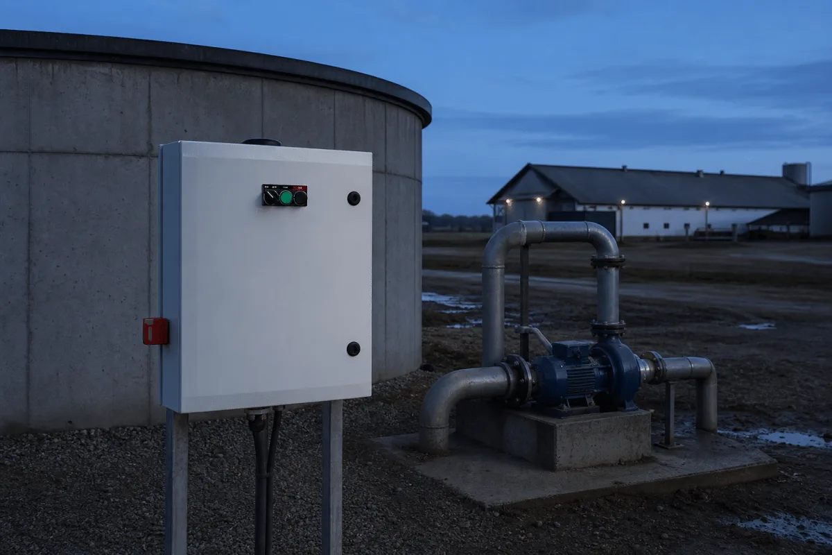 BioWatch pump panel beside a slurry transfer pump and concrete tank at blue hour.