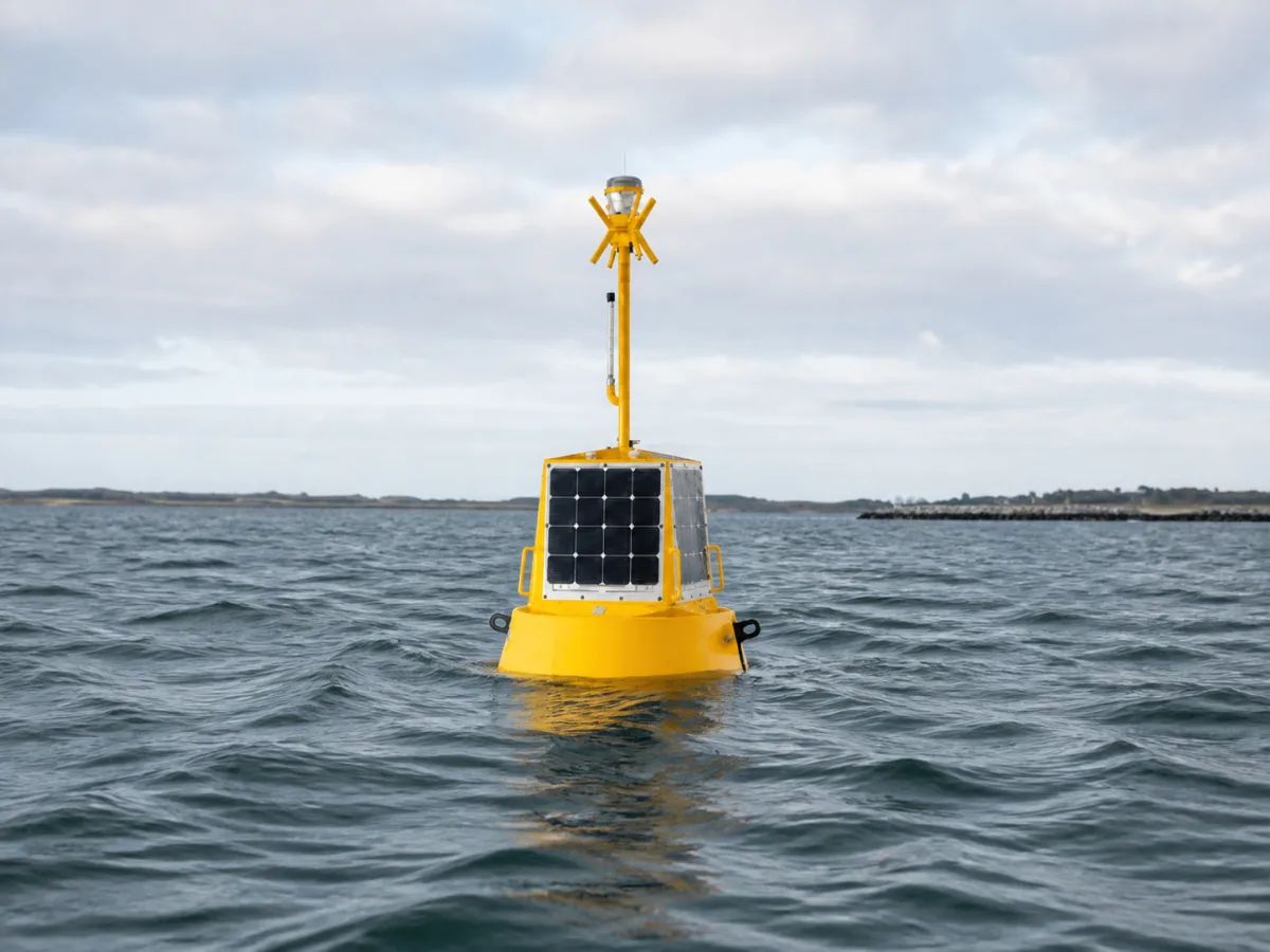 Yellow measuring buoy floating deep in grey-green coastal water outside a harbor entrance, solar panels and sensor mast above the surface.