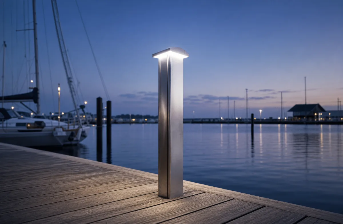 A Marinella NEO Light pedestal on a frosty pier in low winter light
