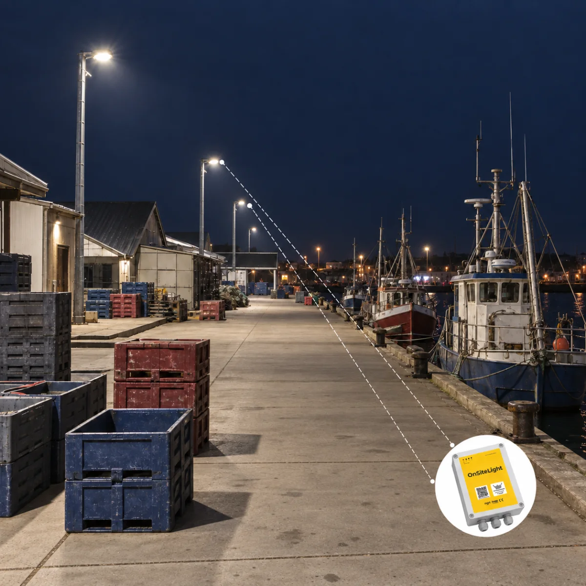 Fiskerihavn om natten: kajbelysning over stablede fiskekasser og fortøjede kuttere, med OnSiteLight-styringen i et indsat billede.