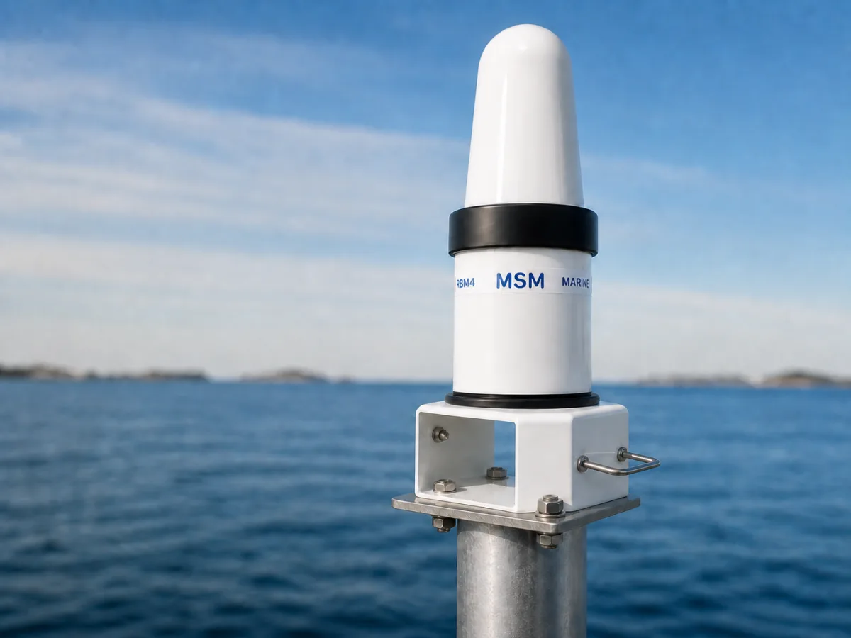 Close view of the radar beacon radome on a white mounting bracket and galvanised pole.