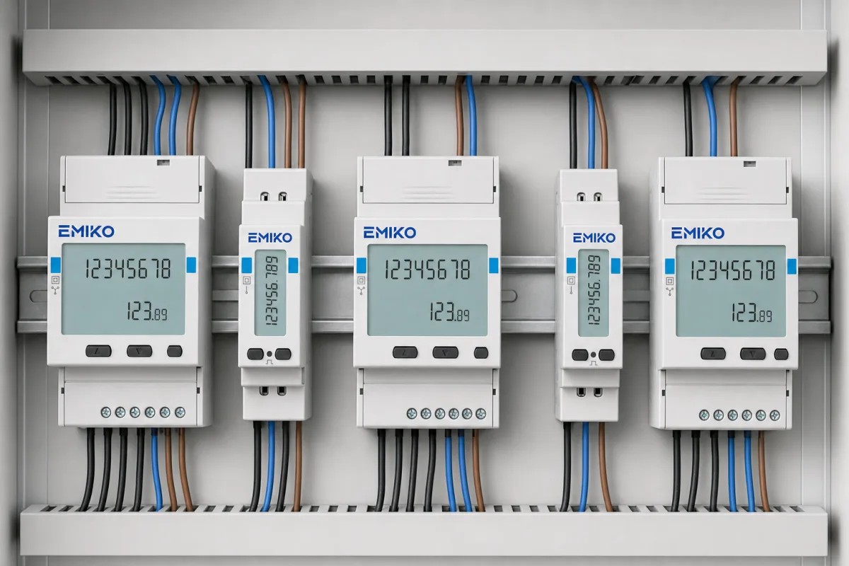 Five mixed-size EMIKO meters mounted in a clean row with orderly panel wiring.