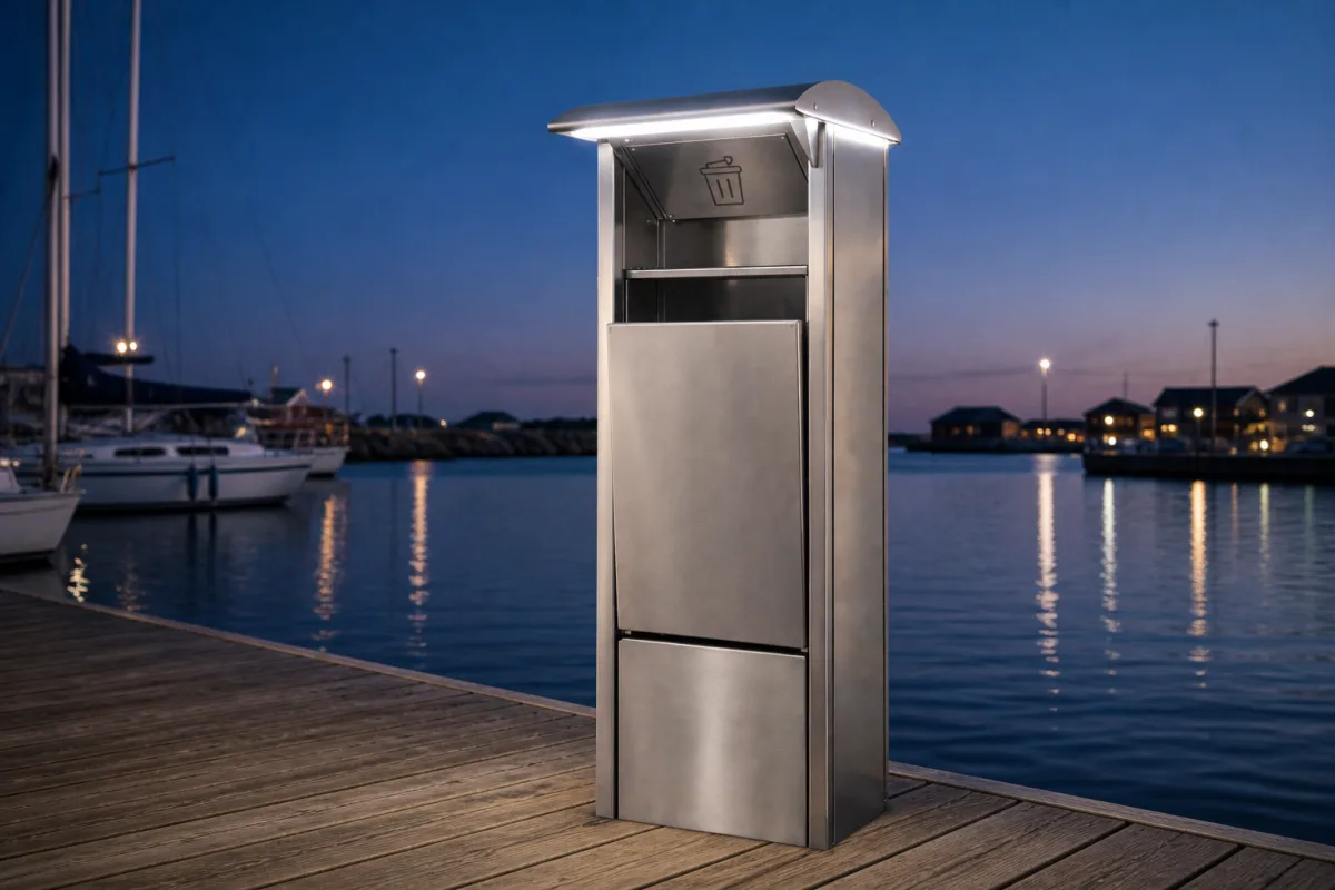 Marinella NEO LightBin lyser i skumringen ved pontonkanten, beholdersymbolet og lugen er tydeligt synlige.