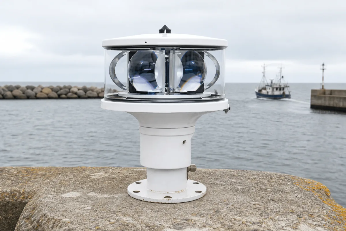 A Beacons maritime navigation light stands fully visible on a Danish harbor pier as a fishing vessel enters in daylight.