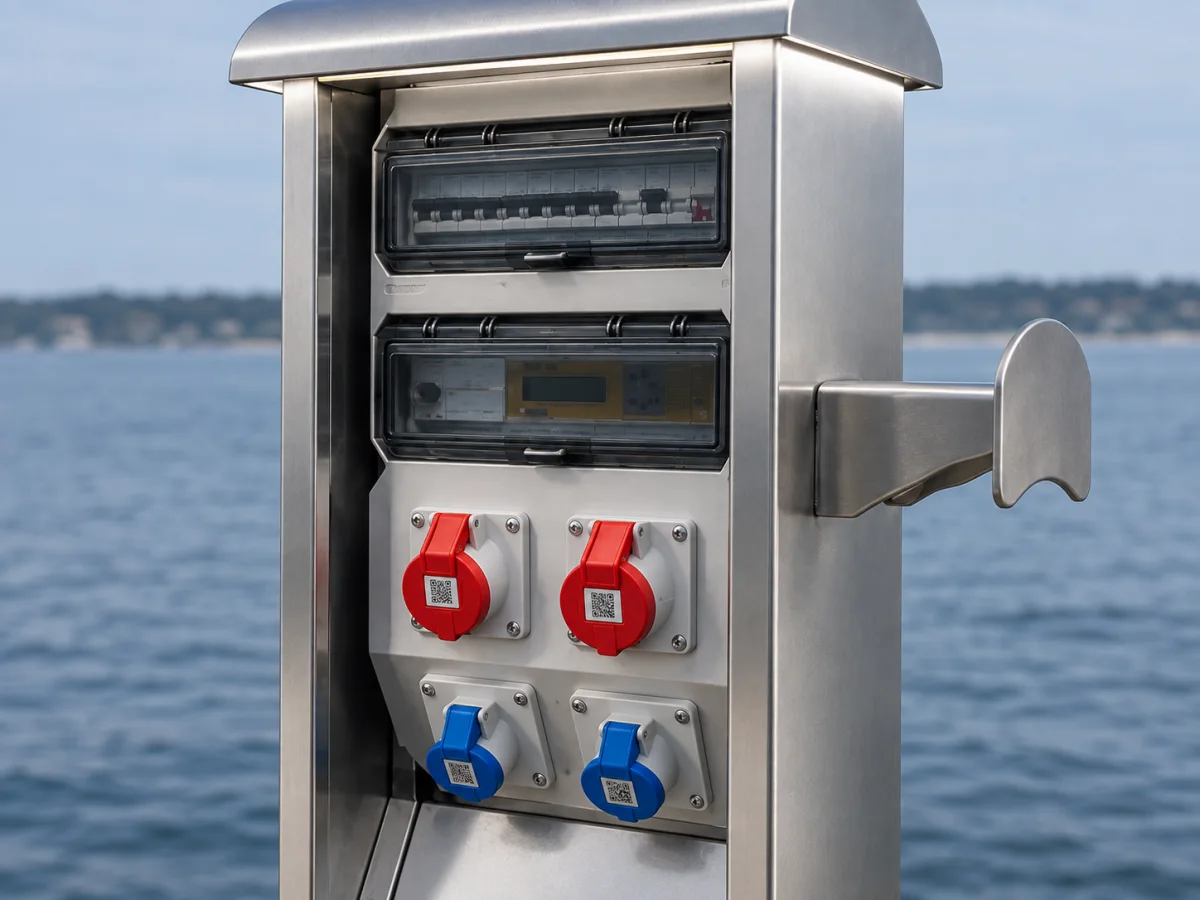 Close view of the open Marinella NEO front: circuit breakers and the meter under clear covers, two red and two blue CEE sockets, and the stainless handle.