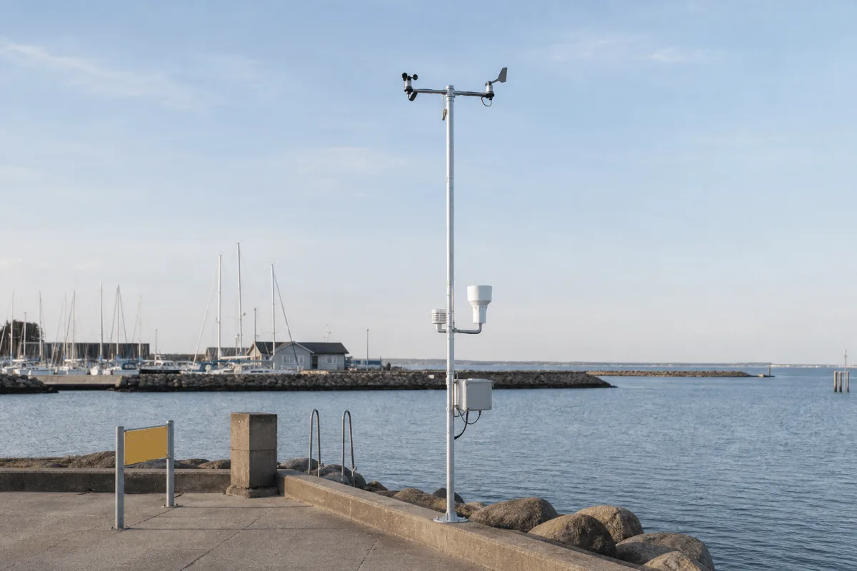 The Cumulus weather station stands fully visible at a bright Danish harbor entrance beside calm water and marina boats.