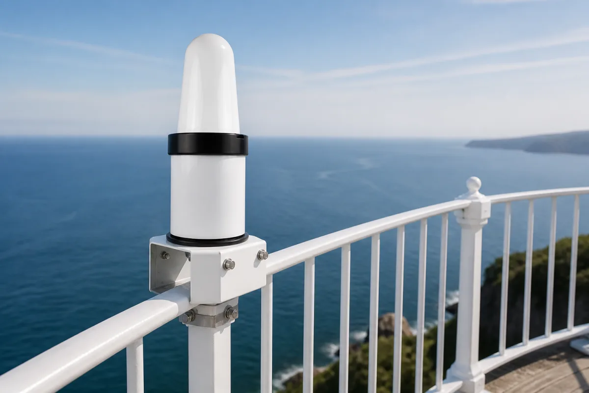 HEKLEO 2 XS racon mounted on a lighthouse gallery railing with the sea far below.
