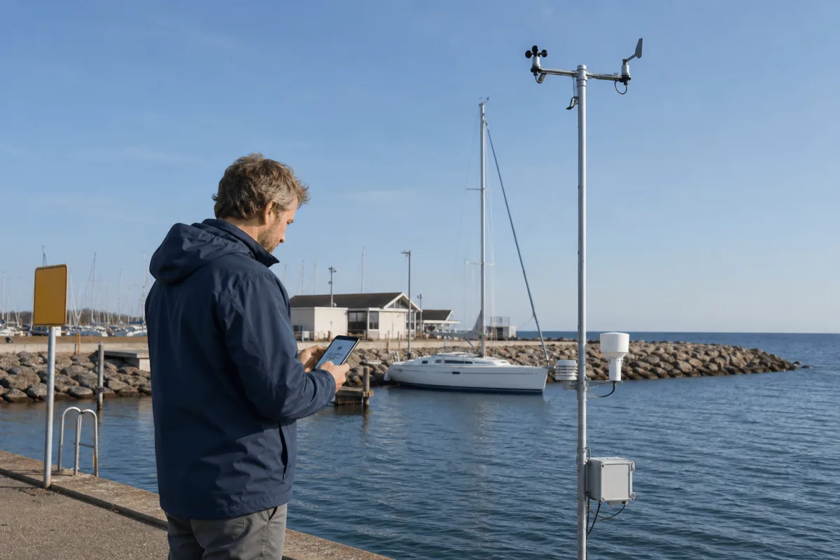 A sailor checks the weather app beside the Cumulus weather station before leaving the Danish harbor.