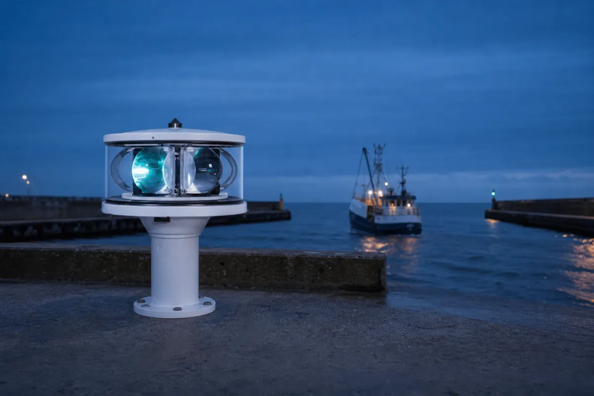 A Beacons navigation light flashes cyan-green at blue hour as a fishing vessel enters the harbor.