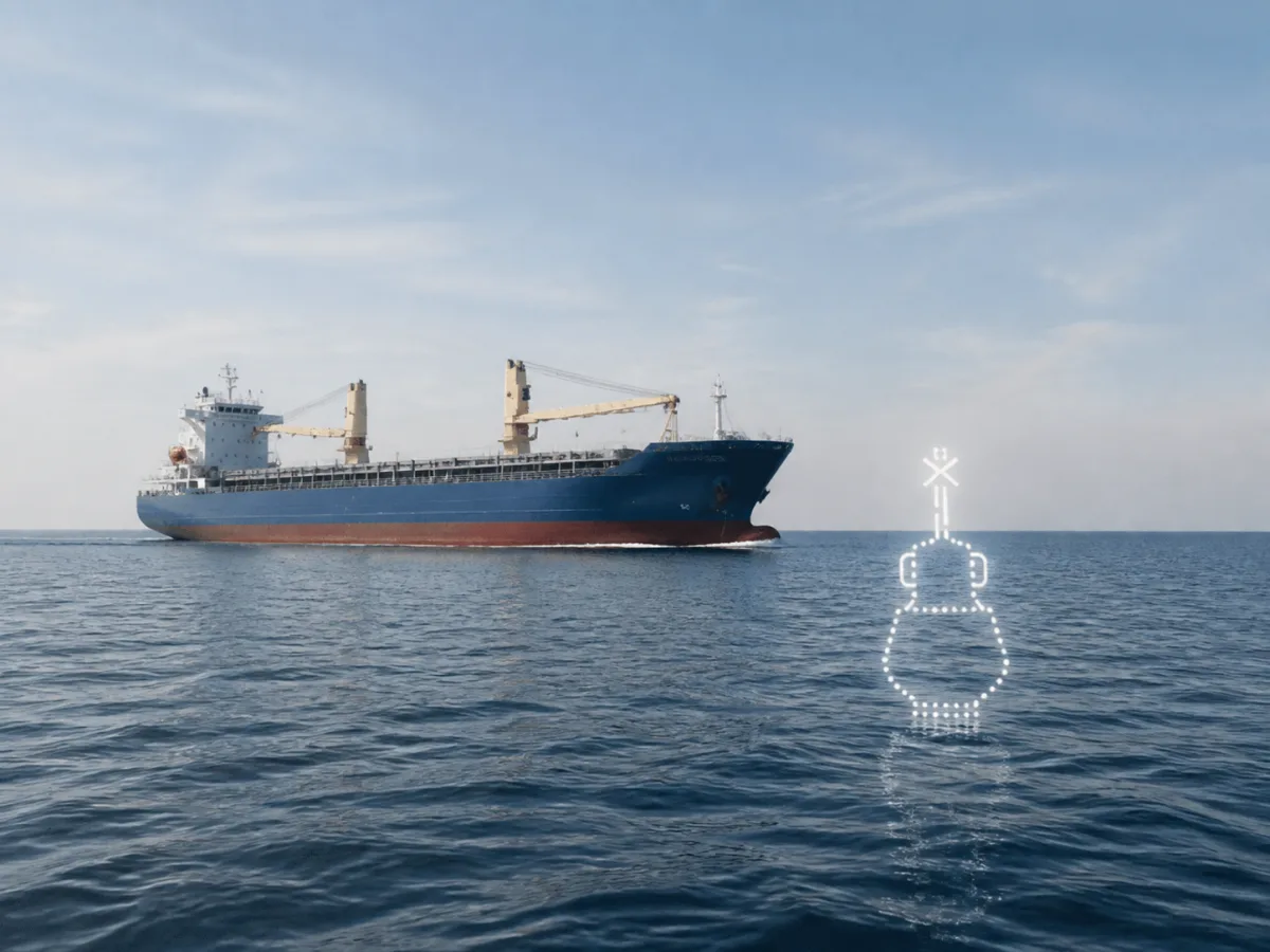 A cargo ship passes a single glowing dotted virtual buoy outline in open water.