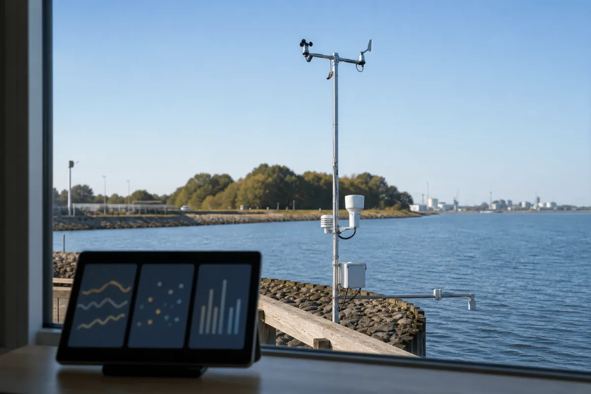 The Cumulus weather station works beside an OceanWatcher water probe while three abstract Emiko modules appear on an office display.