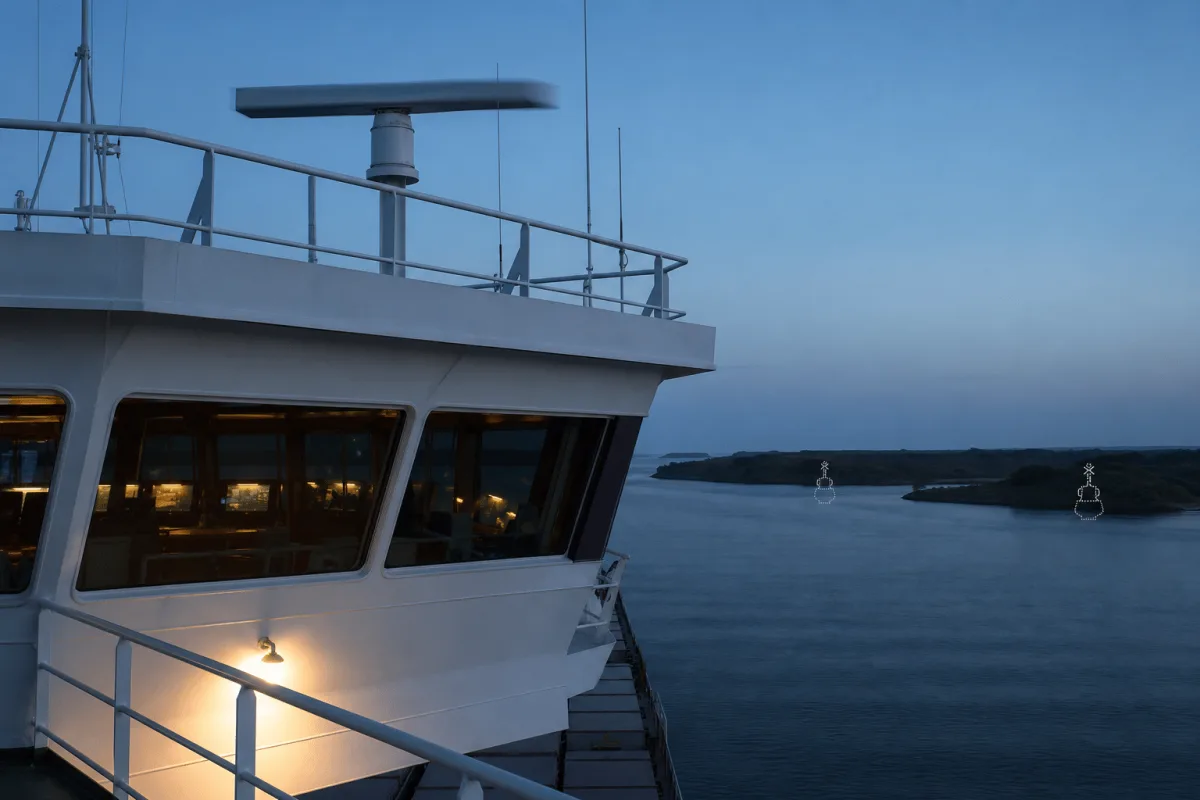 Virtual Buoys supports navigation from a cargo ship bridge with its radar scanner turning at dusk.
