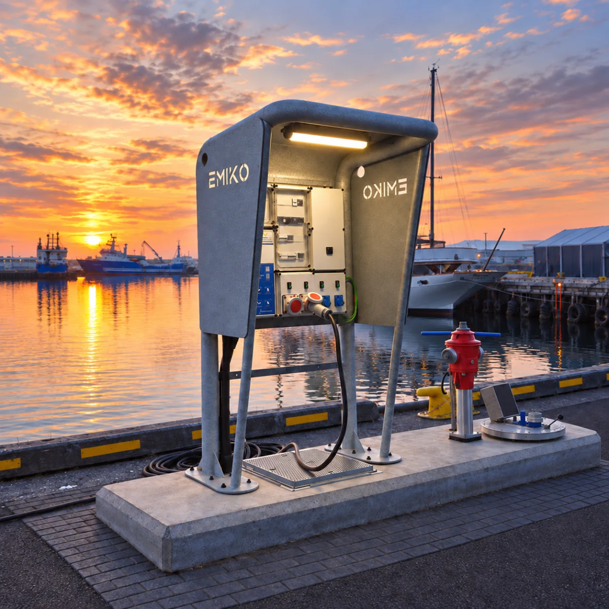 MarinePro pedestal at sunset in Reykjavik harbour, its front open on the meter and the sockets with a cable connected, the water fittings on the plinth beside it.