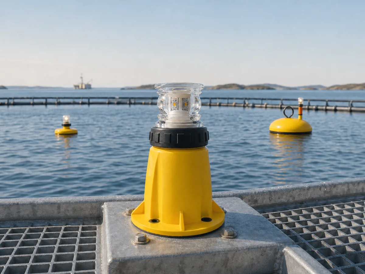 ML 300 marker light bolted to a fish-farm walkway, with an ML 200 on its yellow dome buoy and an ML 100 float disc in the water behind.
