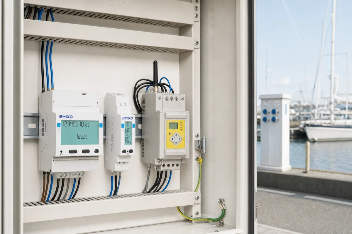 Open marina utility cabinet with large and compact EMIKO meters beside a wireless reading unit.