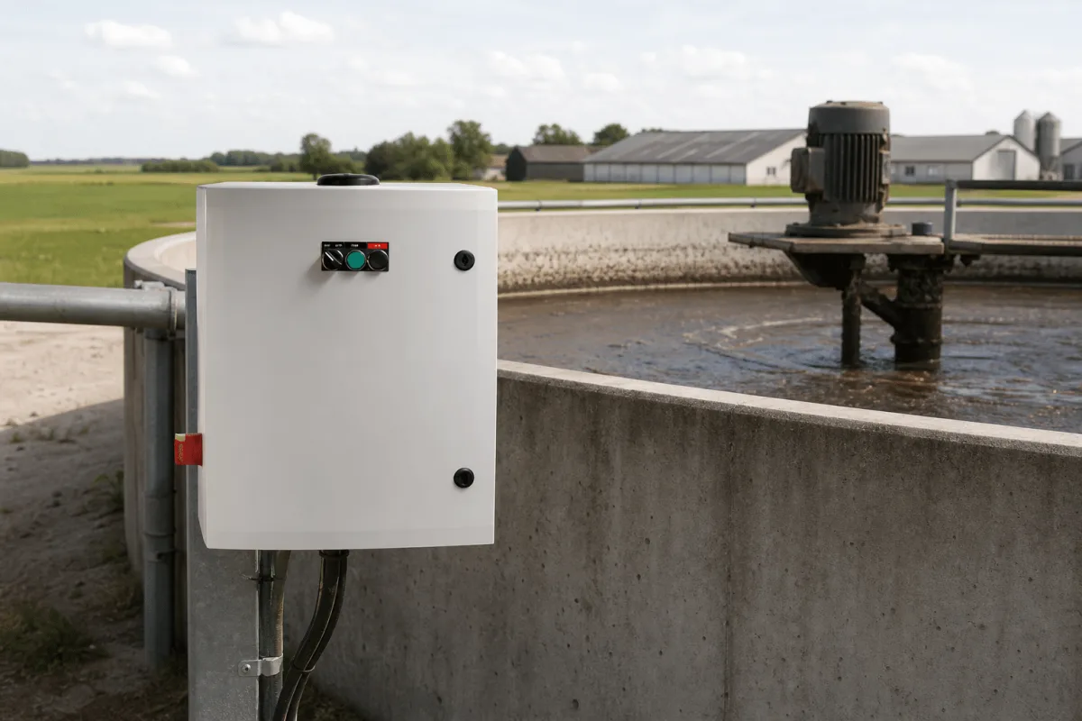 BioWatch cabinet mounted beside a round concrete slurry tank with the mixer motor visible on its rim.