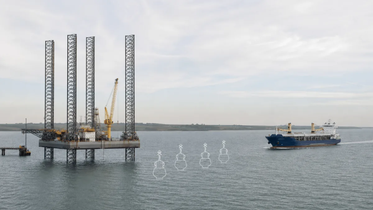 Virtual Buoys defines safe separation between a jack-up construction rig and a passing cargo ship.