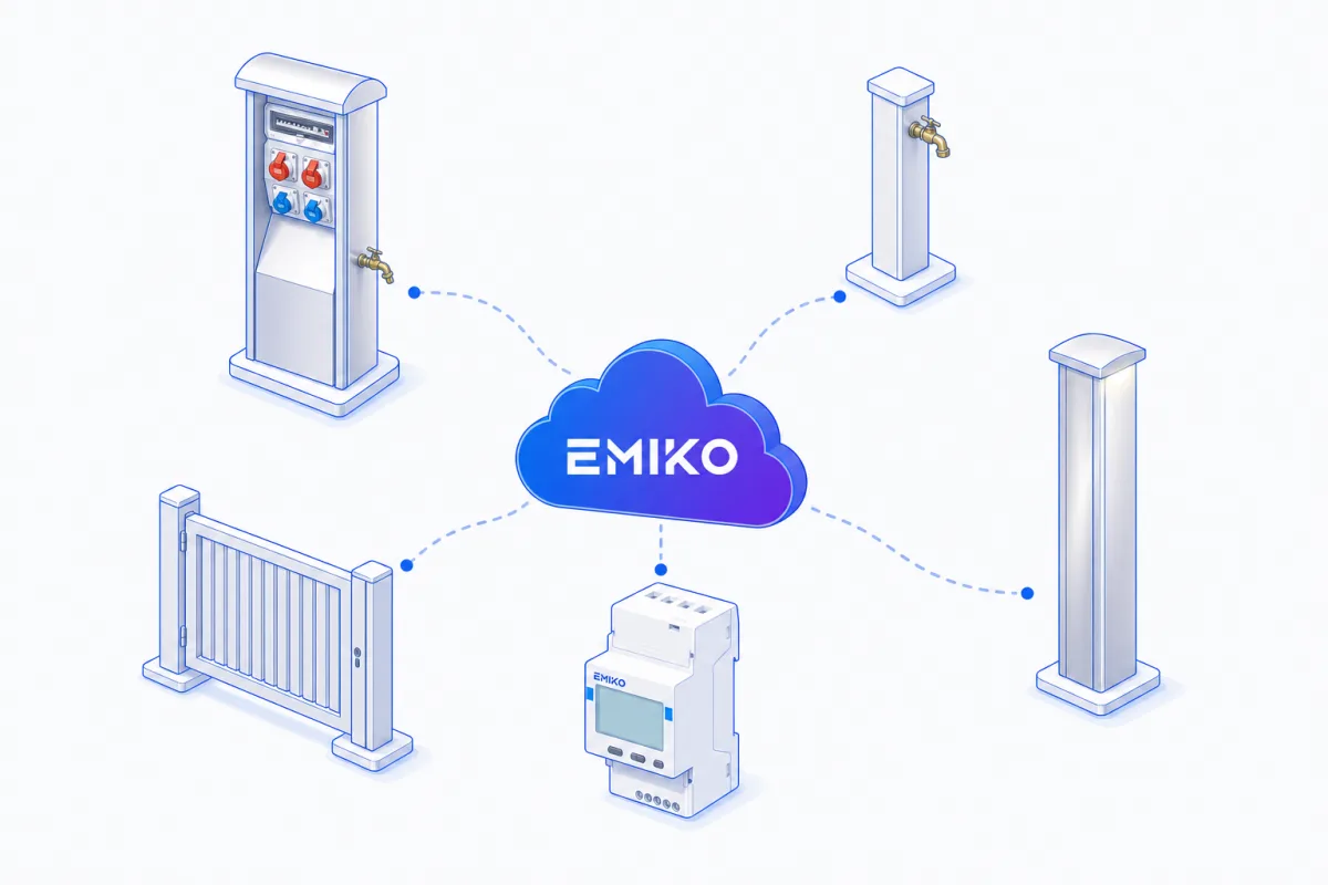 Illustration of the EMIKO cloud joined by dashed lines to the pedestal, tap, lighting, gate and meter family.