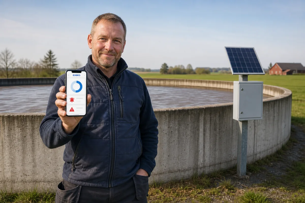 A farmer at the slurry tank checks a red level alarm in the EMIKO app on his phone.