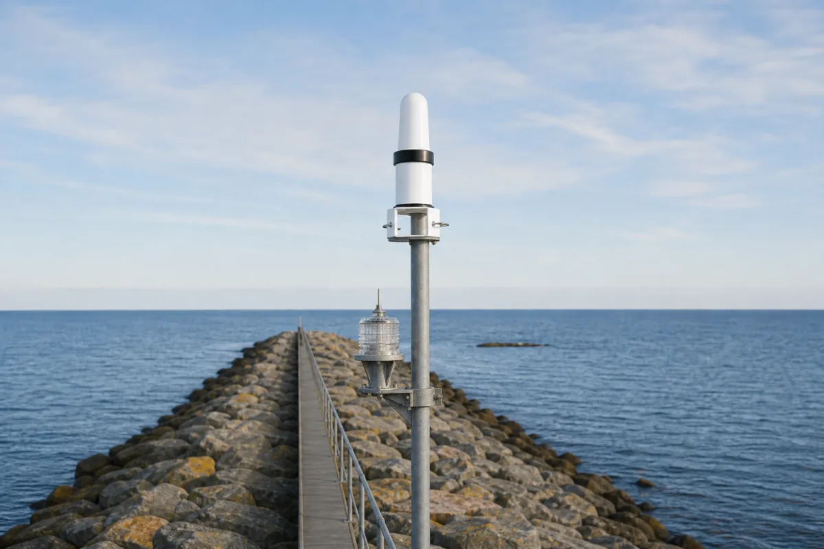 HEKLEO 2 XS racon mounted high on a mast along a long breakwater jetty with a lantern below.