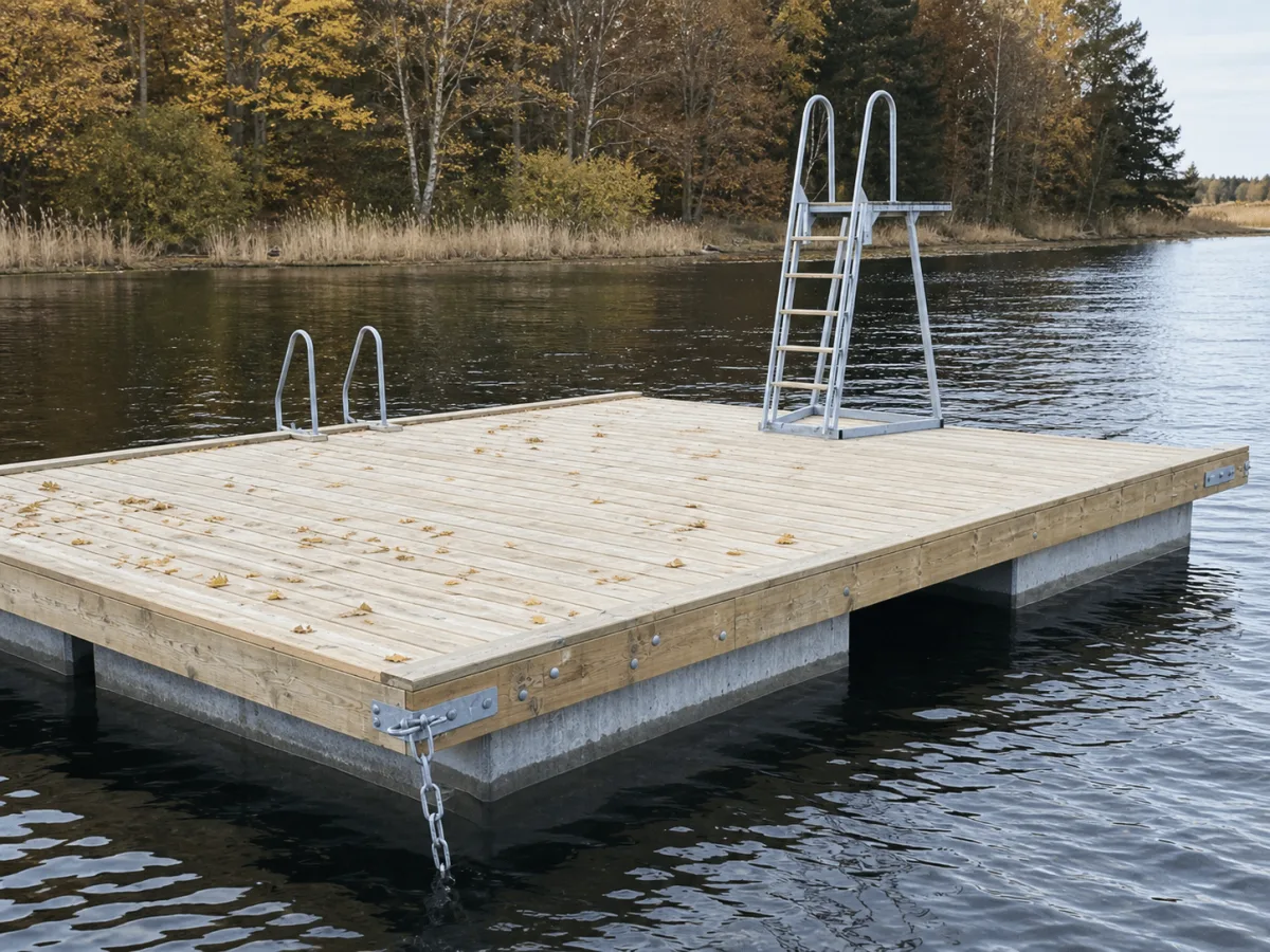 The Swim Dock sits empty in calm autumn water with a light scattering of leaves on the deck.