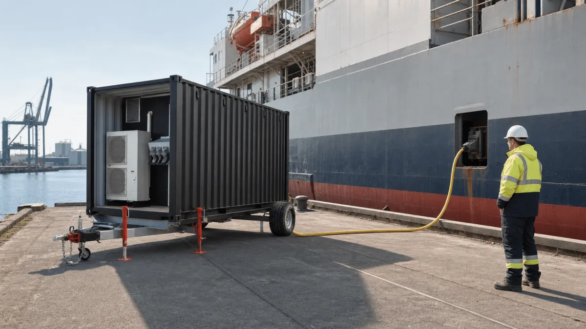 Et besætningsmedlem ser ShoreSupply-kablet løbe fra trailerenheden til skibets tilslutningspunkt.