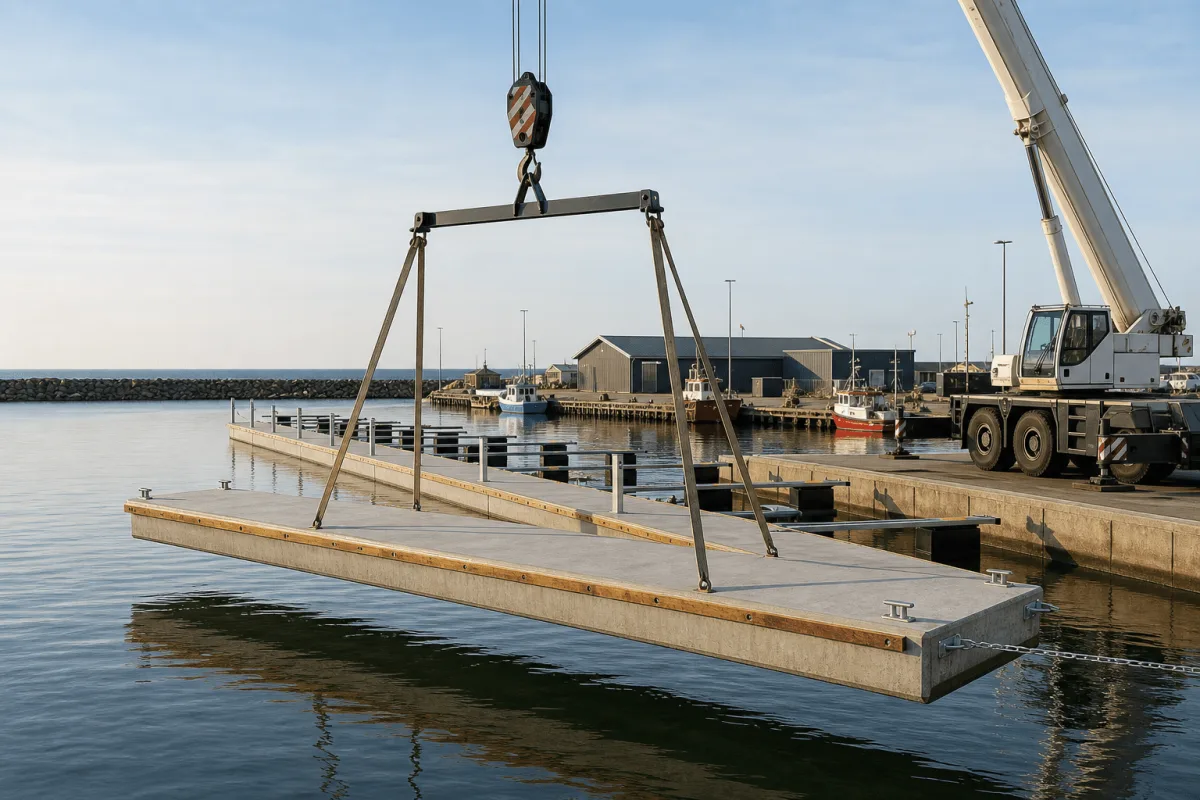 A harbor crane lowers one Vikingegaarden concrete pontoon element toward the water during installation.