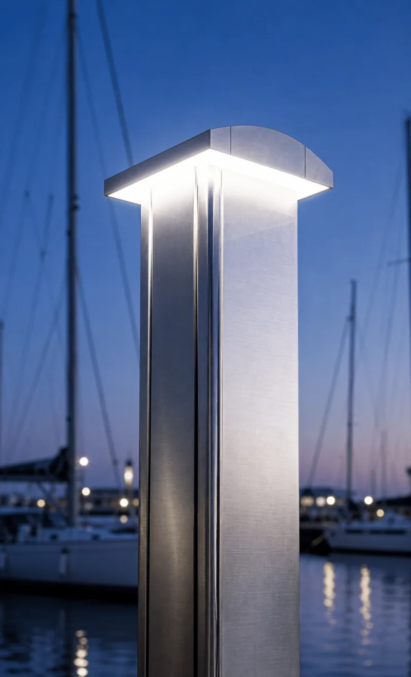 Marinella NEO Light is shown from a low angle with its glowing LED cap and brushed-steel profile in sharp detail.