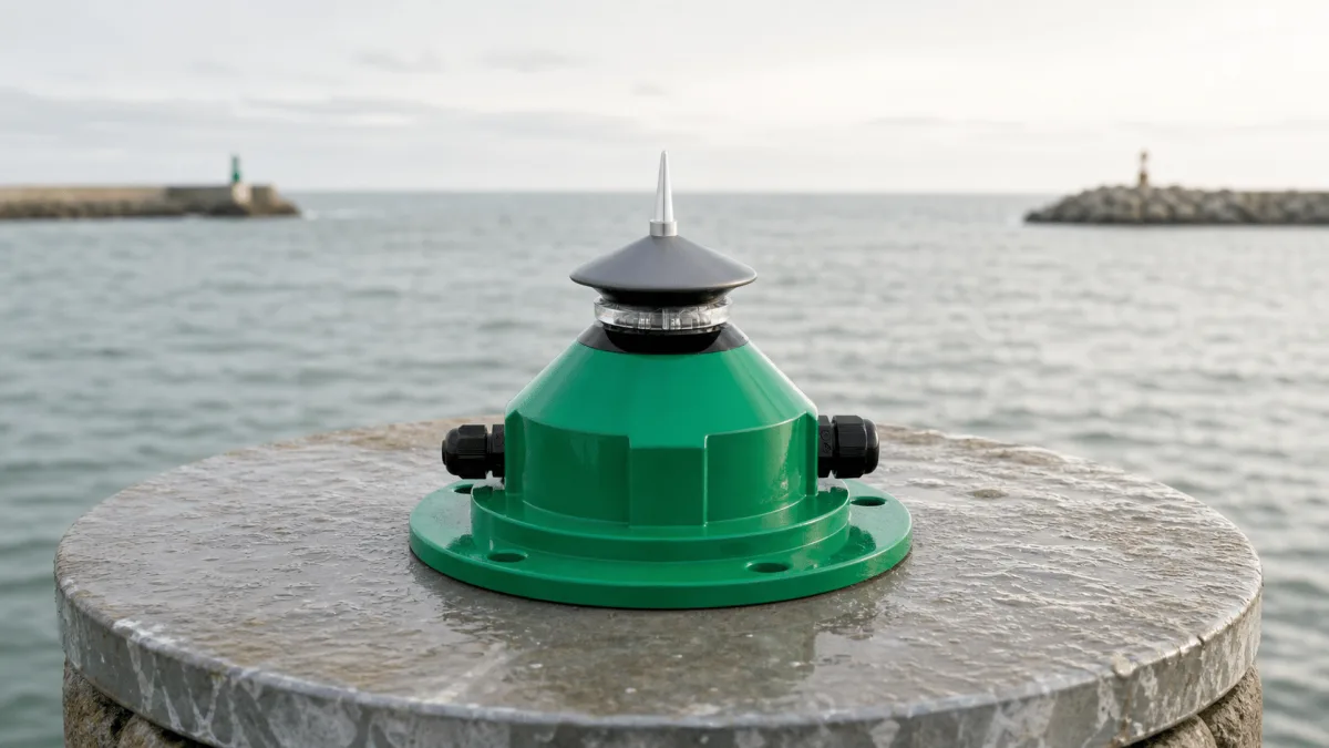 Nova-65 LED Lantern mounted on a wet breakwater-head post at a calm Danish harbor entrance.